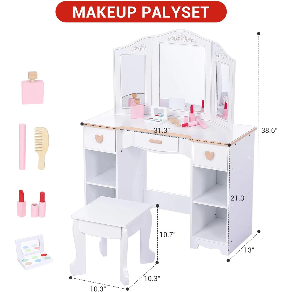 Princess Vanity Set for Kids White Makeup Table with Mirror Stool and Wooden Play Makeup Accessories