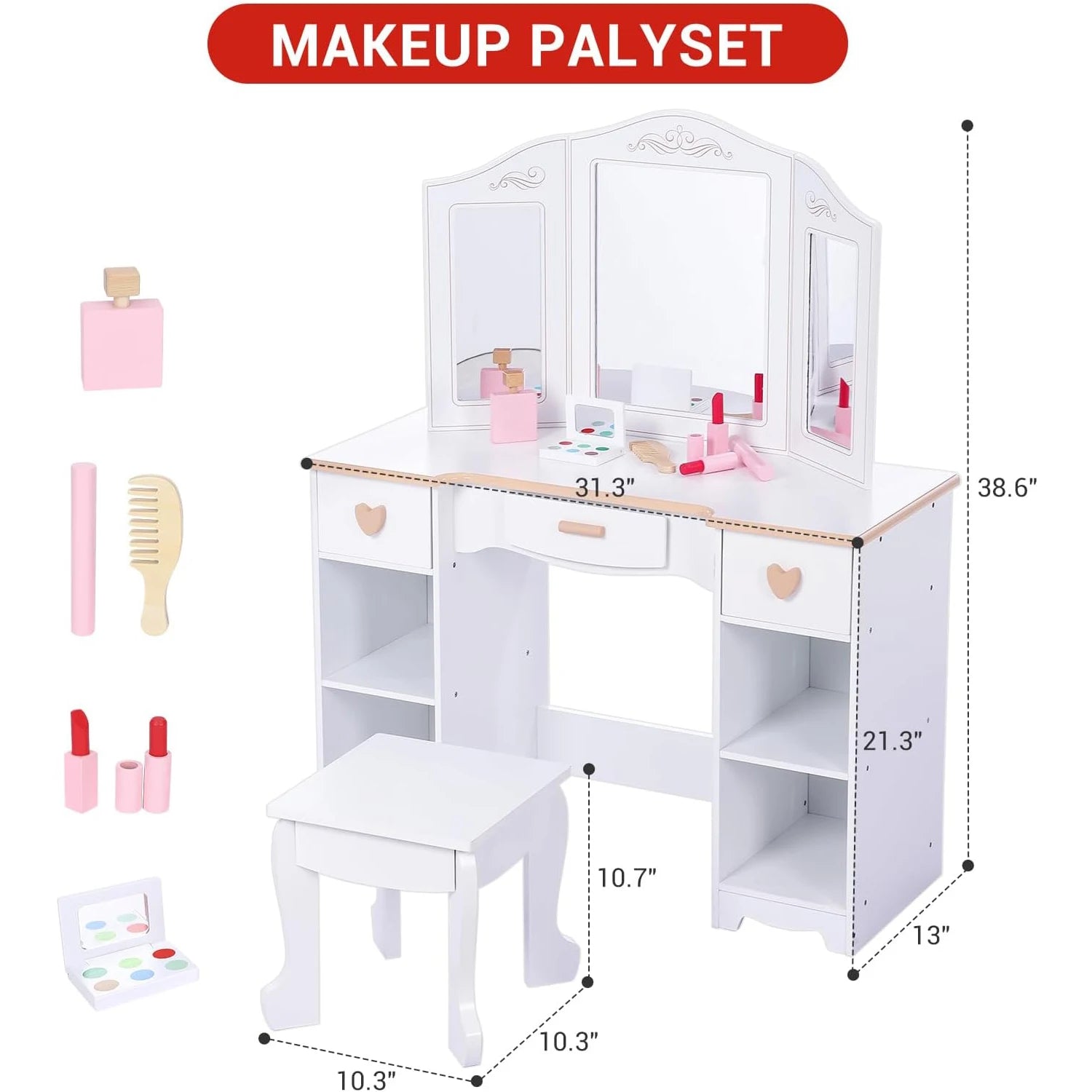 Princess Vanity Set for Kids White Makeup Table with Mirror Stool and Wooden Play Makeup Accessories