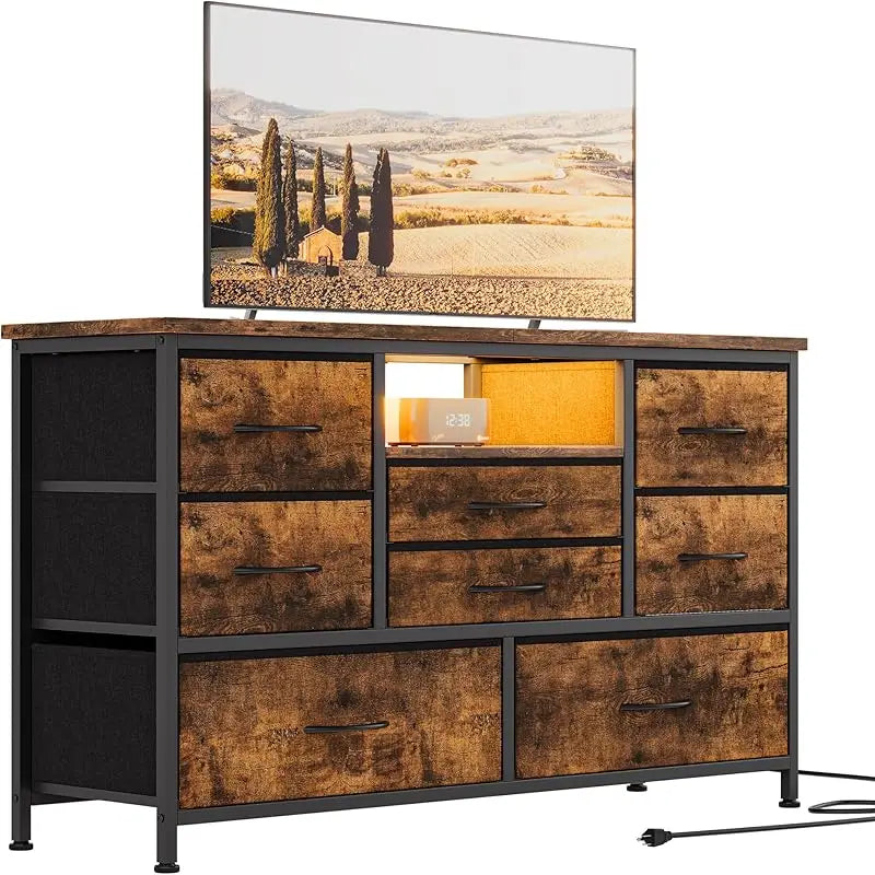 8-Drawer LED Dresser TV Stand with Power Outlet 55'' TV - Wide Storage Chest for Bedroom, Living Room & Entryway, Woo