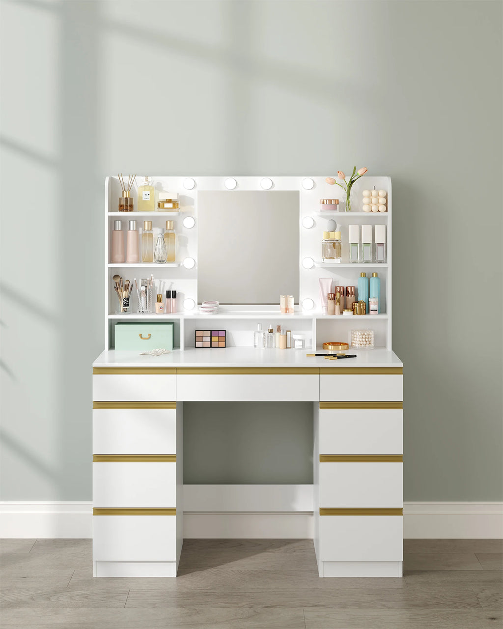 Dressing Table with 10 LED Light Balls,3 Colors,Adjustable Brightness,Large HD Mirror,1 Large Drawer and 8 Small Drawer Cabinets