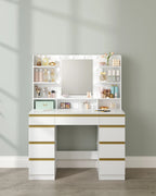 Dressing Table with 10 LED Light Balls,3 Colors,Adjustable Brightness,Large HD Mirror,1 Large Drawer and 8 Small Drawer Cabinets
