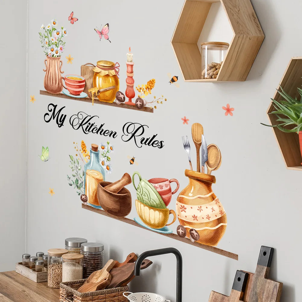 Cartoon Kitchen Utensils Pattern Wall Sticker For Kitchen Background Decoration Mural Restaurant Home Decor Self-adhesive Decals