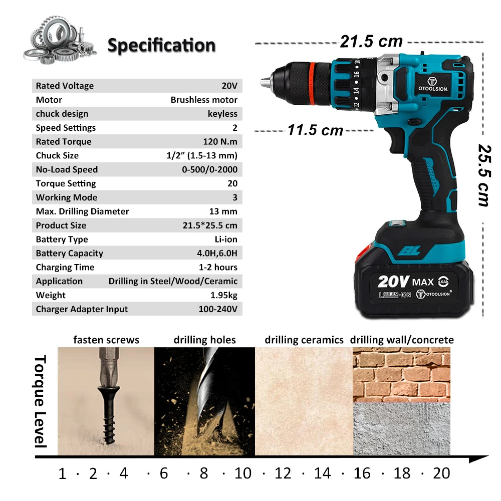 20V 13mm Brushless Impact Drill 20 Torque 120NM Cordless Impact Drill Screwdriver Drill Ice Drill Electric Drill Li-ion Battery