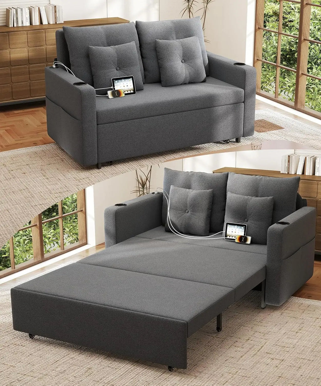 3-in-1 56" Convertible Sofa Bed: Loveseat Sleeper with Cup Holders, USB – Living Room, Bedroom, Apartment