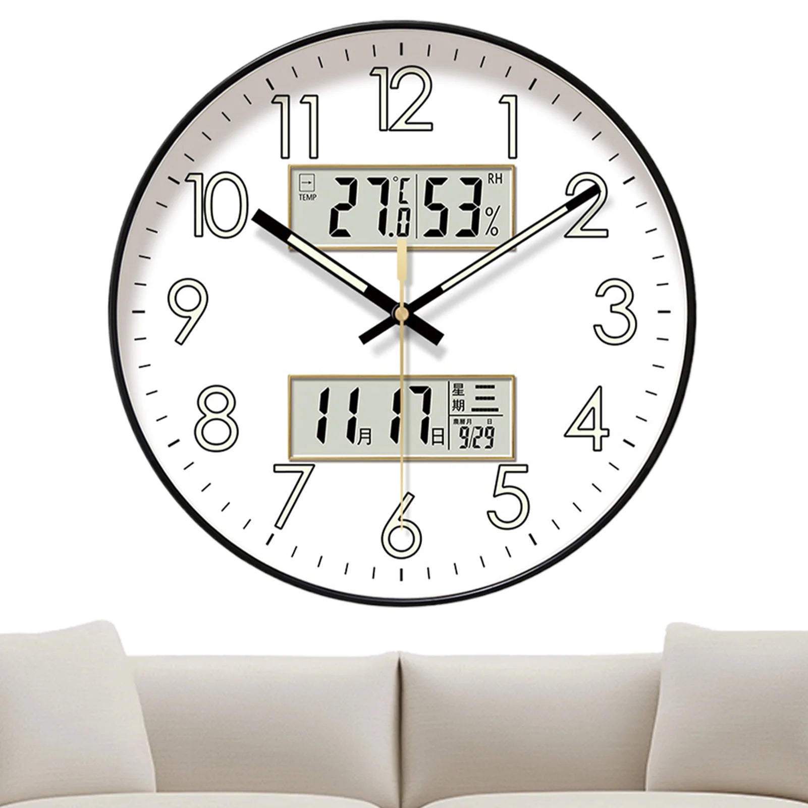Modern Design Clock Silent Non Ticking Round Luminous Wall Clock with Calendar Digital Display Night Light Wall Clock Decor