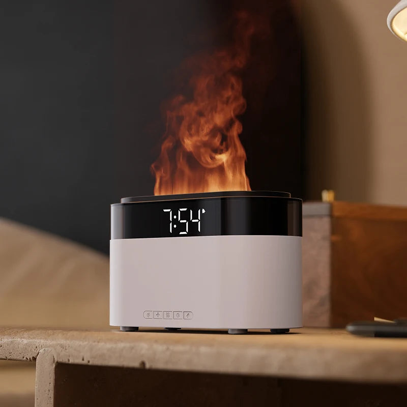 LED Clock Ultrasonic Air Humidifier with Colorful Flame Night Light an