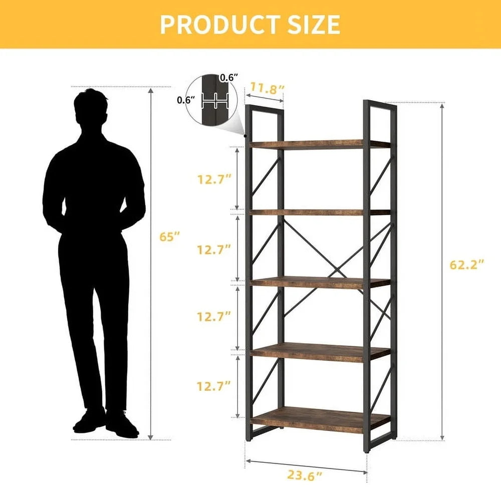 5 Tier Bookshelf Industrial Open Storage Organizer Freestanding Ladder Bookcase Durable Metal Frame Ample Display Space Home