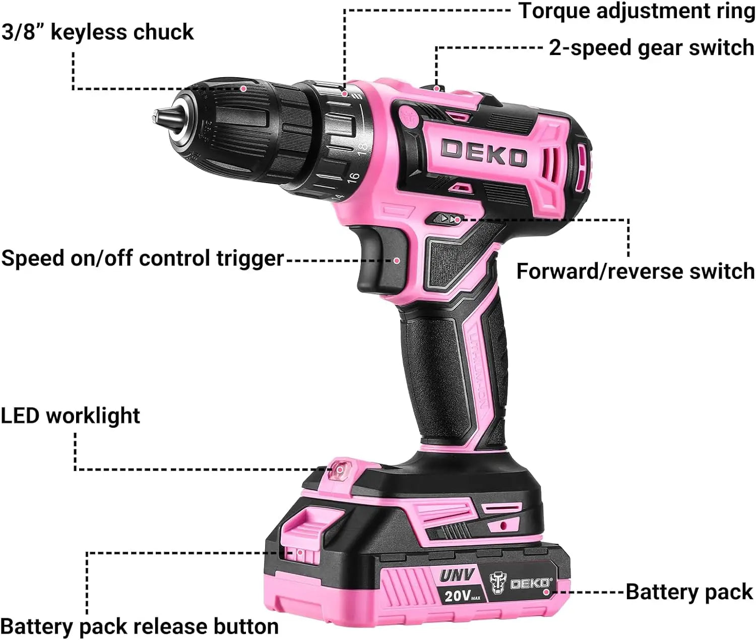 DEKO Pink Cordless Drill 20V - Electric Power Drill Set Tool for Women | AlluCanFind