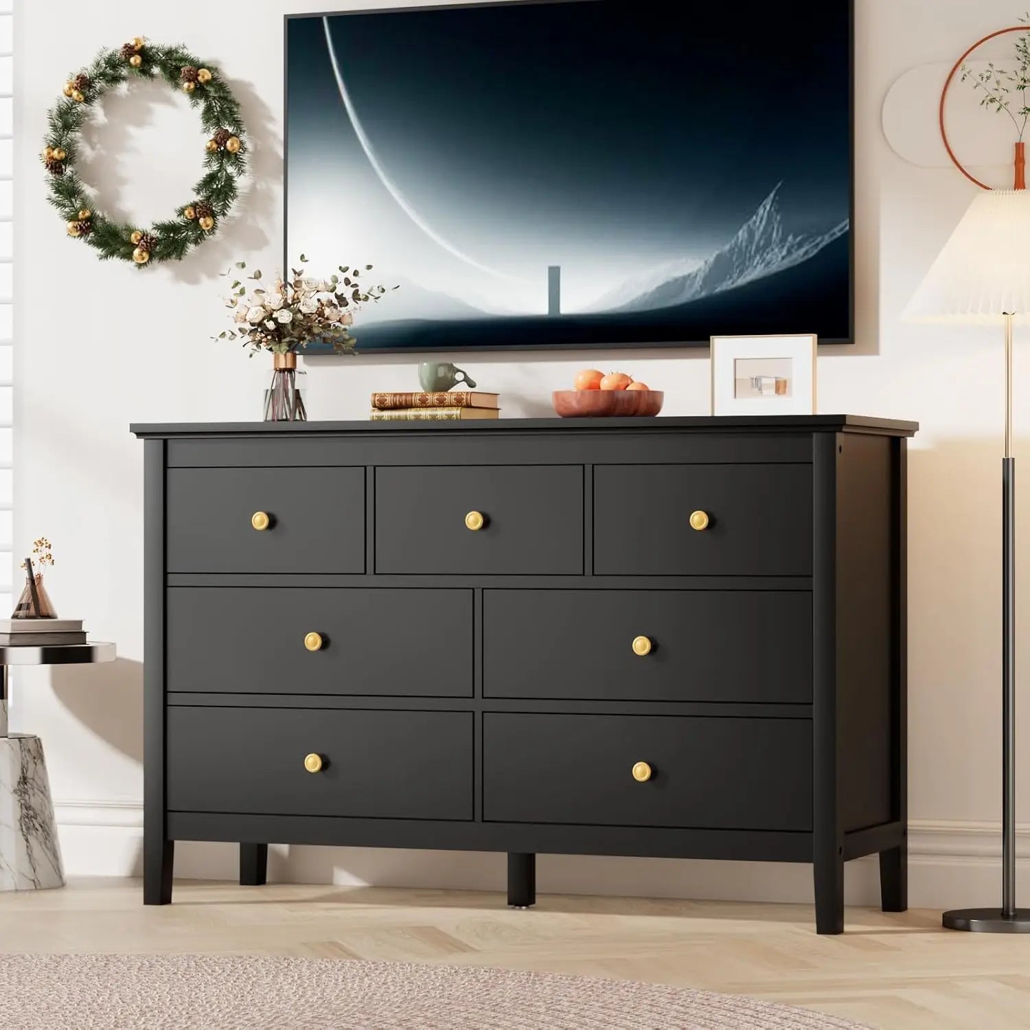 7 Drawers Dresser for Bedroom, Black Dressers & Chests of Drawers with Gold Handles and 7 Large Drawer, Wooden Storage Cabinet