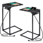 Set of 2 C-Shaped End Tables w/ Charging Station | USB & Outlets | Slide-Under Couch Design for Living Room/Bedroom | Black