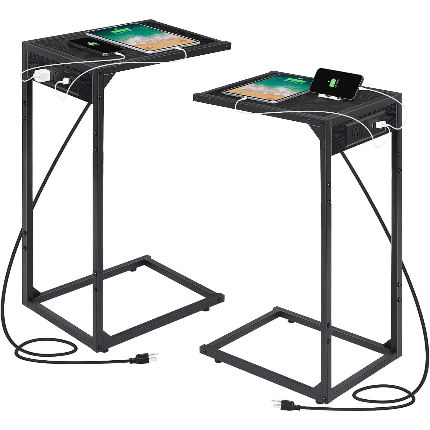 Set of 2 C-Shaped End Tables w/ Charging Station | USB & Outlets | Slide-Under Couch Design for Living Room/Bedroom | Black
