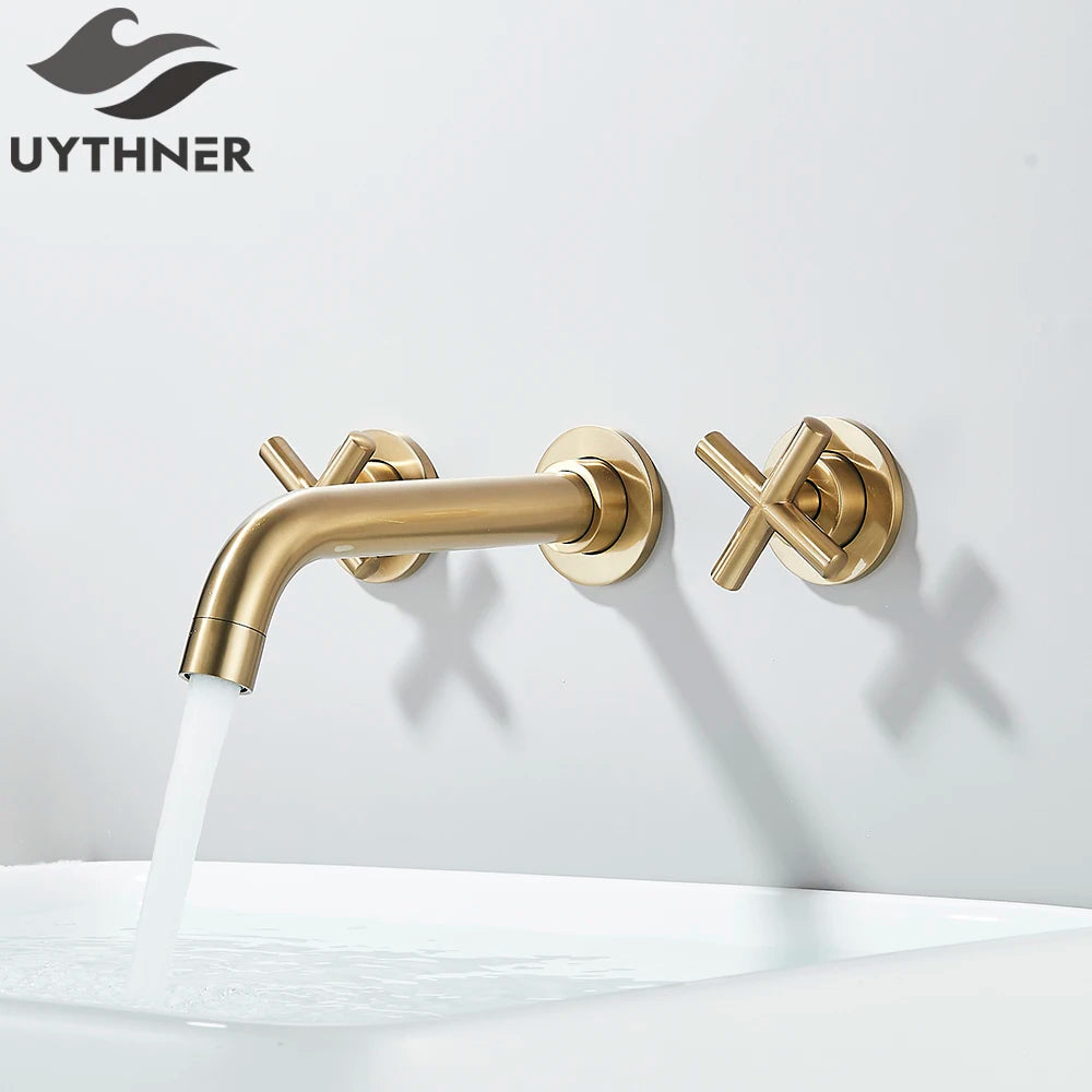 Brushed Golden Basin Faucet Wash Basin Sink Faucet Bathroom Basin Taps Wall Mounted Hot Cold Water Mixer Tap Bathtub Mixer