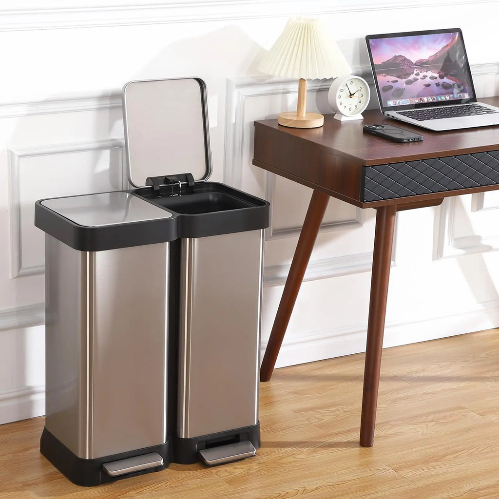 2-Compartment Kitchen Trash Can, 2x25L Stainless Steel Pedal Bin