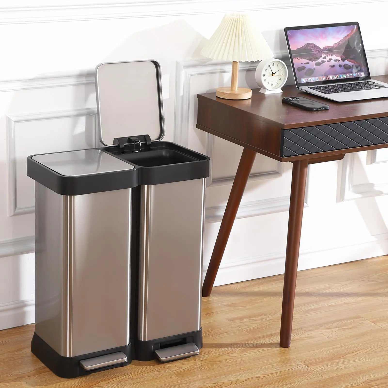 2-Compartment Kitchen Trash Can, 2x25L Stainless Steel Pedal Bin