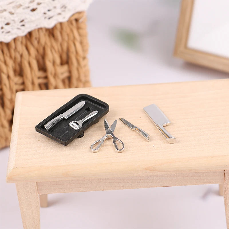 1:12 Dollhouse Kitchen Knife Set Mini Knife Scissor Peeler With Holder Kitchen Furniture Accessories Kids Play Toys Gift