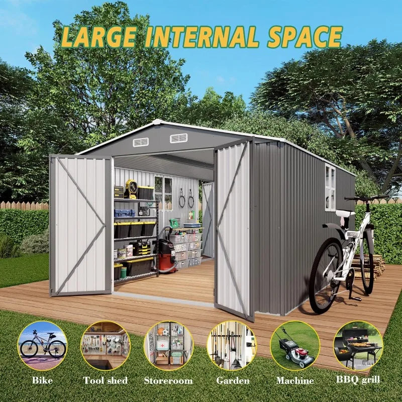 10x14ft Outdoor Storage Shed, Galvanized Steel with Lockable Door