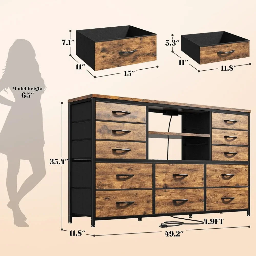 Dresser with LED Lights & Power Outlets, 12 Drawers Dresser TV Stand for 60''TV for Bedroom Dresser Fabric Dressers & Chest