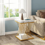 Square End Table White Gold 2-Tier Side Table Modern Small Bedside Table with Storage for Couch ( Faux Marble White+Gold)