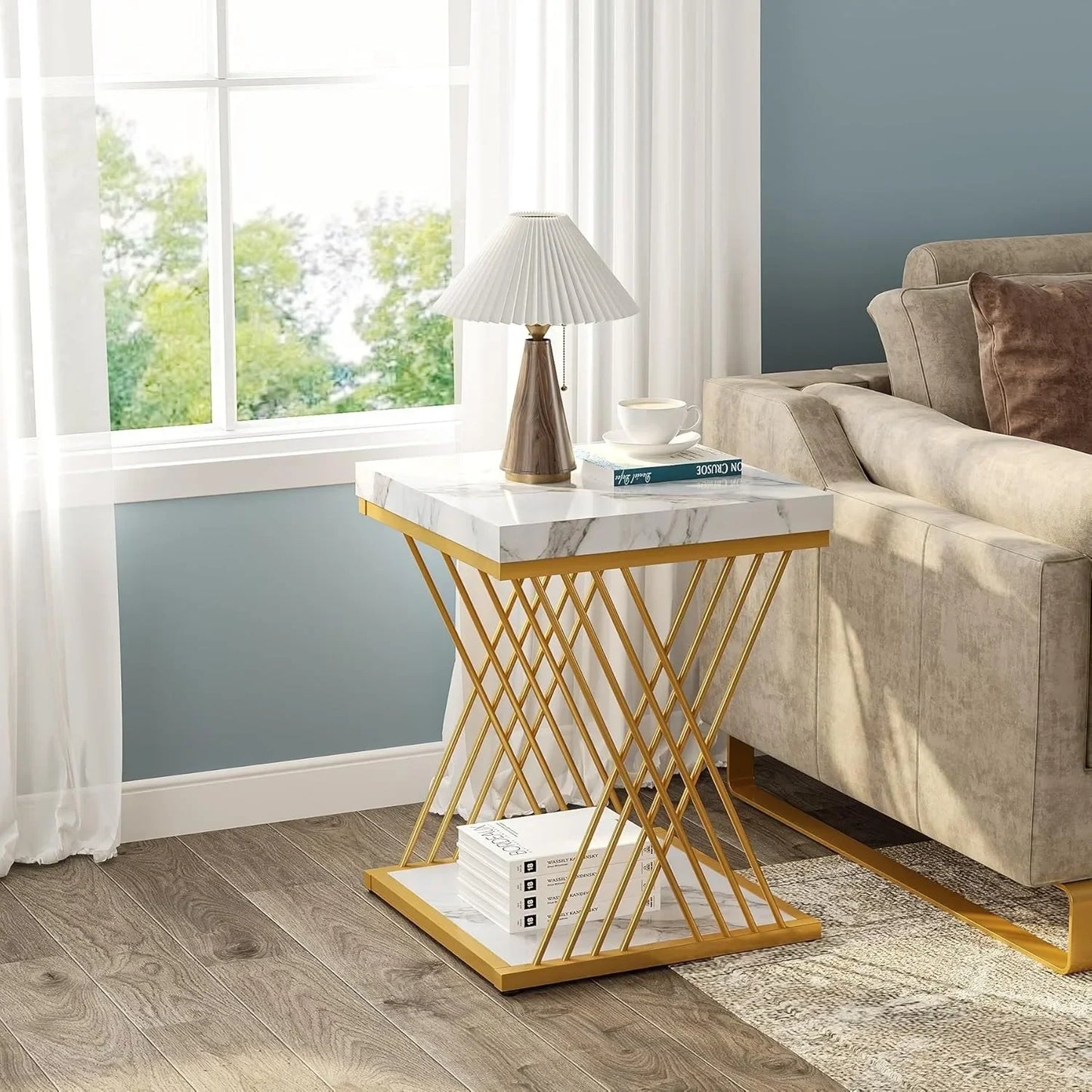 Square End Table White Gold 2-Tier Side Table Modern Small Bedside Table with Storage for Couch ( Faux Marble White+Gold)