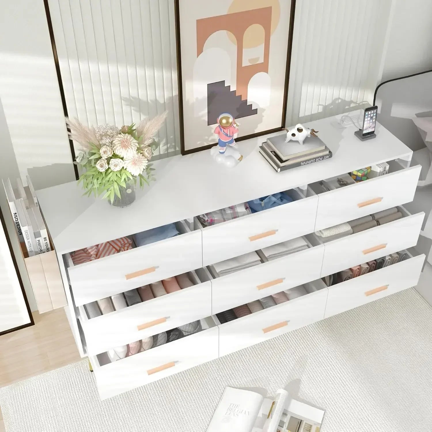 9 Drawer Dresser for Bedroom, 63” Long Dresser with Charging Station, Modern Chest of Wide Drawers ， White
