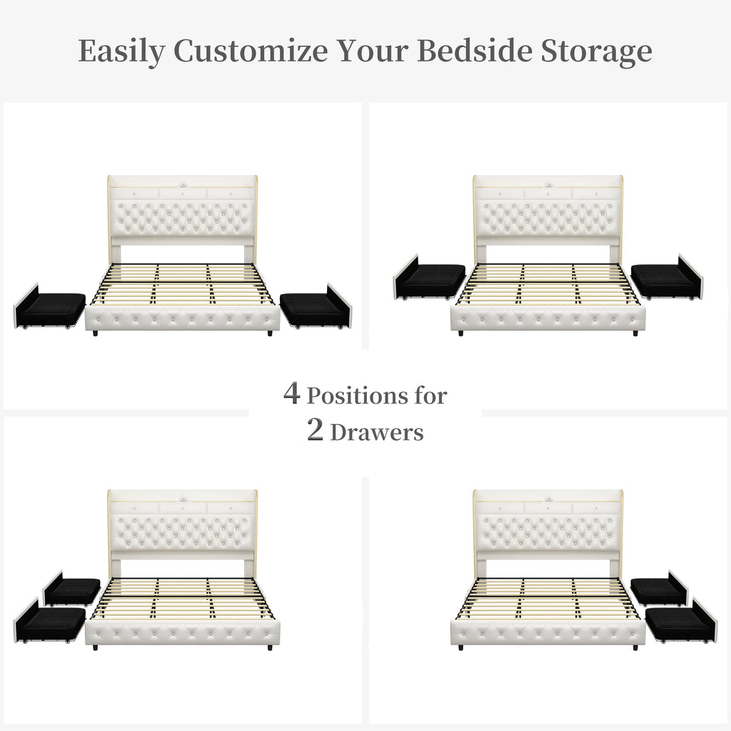 LED Bed Frame with Galaxy Star Projector, 2 Drawers, 52" PU Headboard with Charging Station, Noise Free, No Box Spring