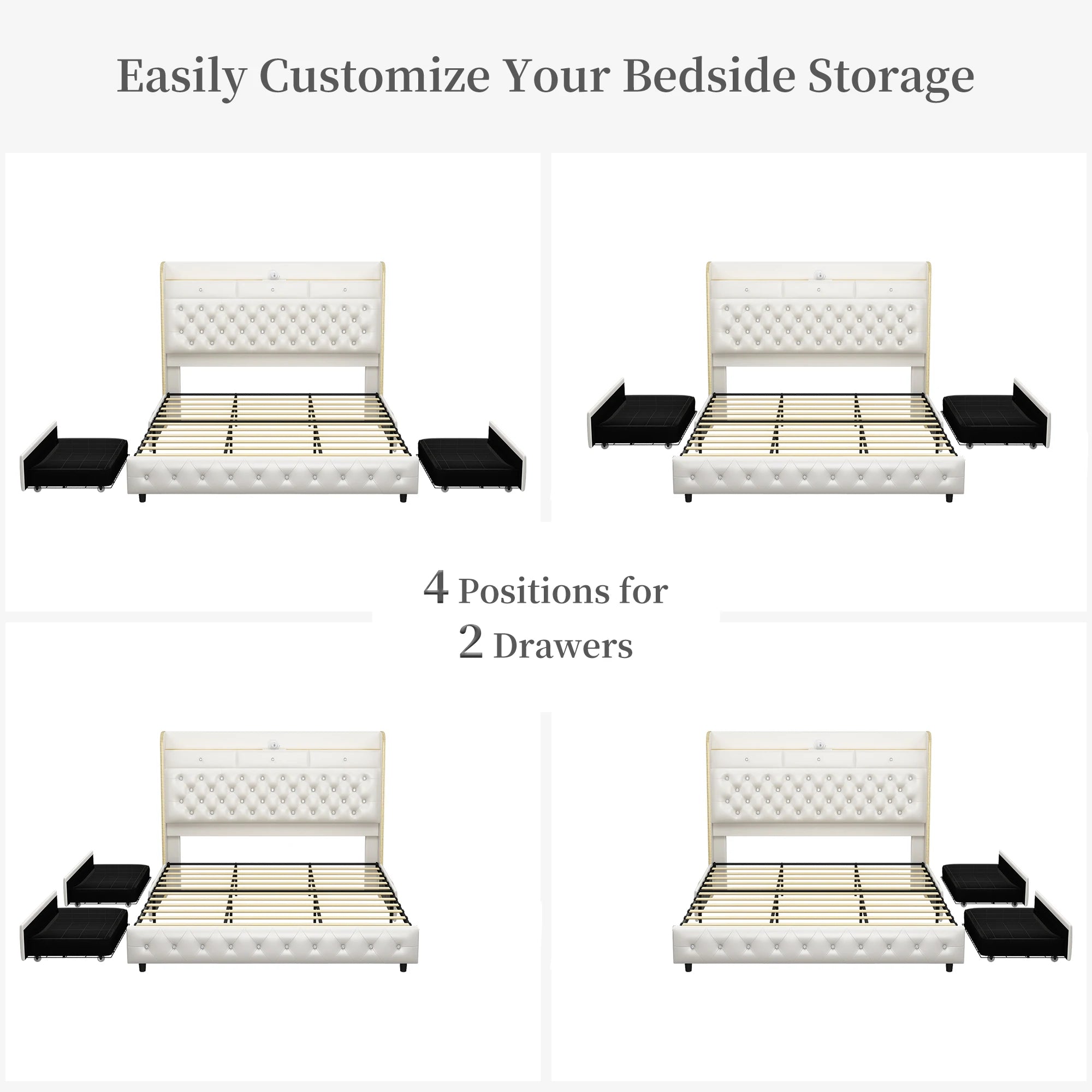 LED Bed Frame with Galaxy Star Projector, 2 Drawers, 52" PU Headboard with Charging Station, Noise Free, No Box Spring