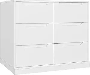 Modern 6 Drawer Dresser for Bedroom, Double Chest of Drawers with Storage, Large Wooden Storage Dresser Organizer with Cut-Out