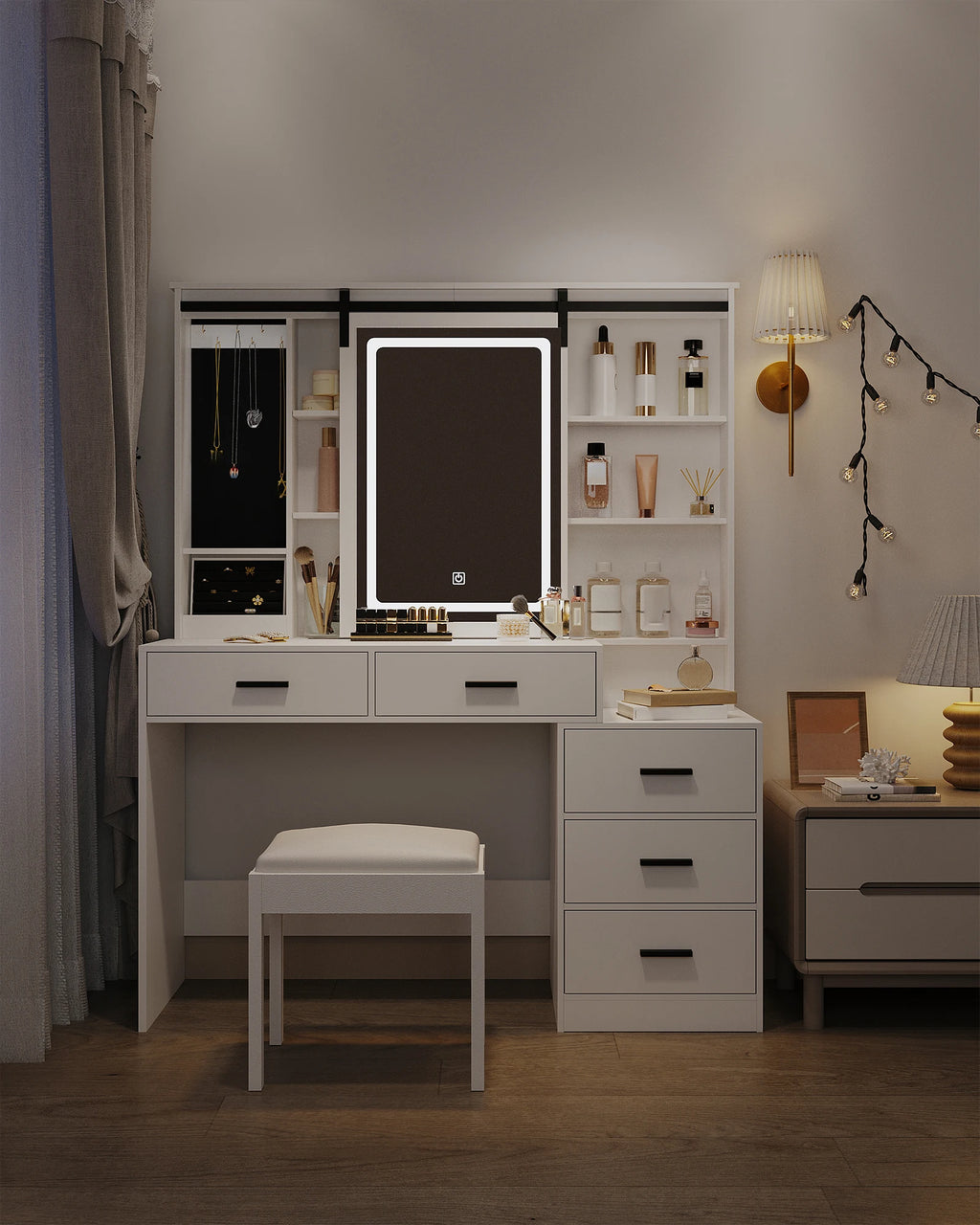 Dressing Table with Adjustable LED Lighting, Removable Large Mirror, with Jewelry Storage, Open Shelves, 5 Drawers,  White