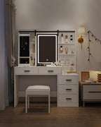 Dressing Table with Adjustable LED Lighting, Removable Large Mirror, with Jewelry Storage, Open Shelves, 5 Drawers,  White