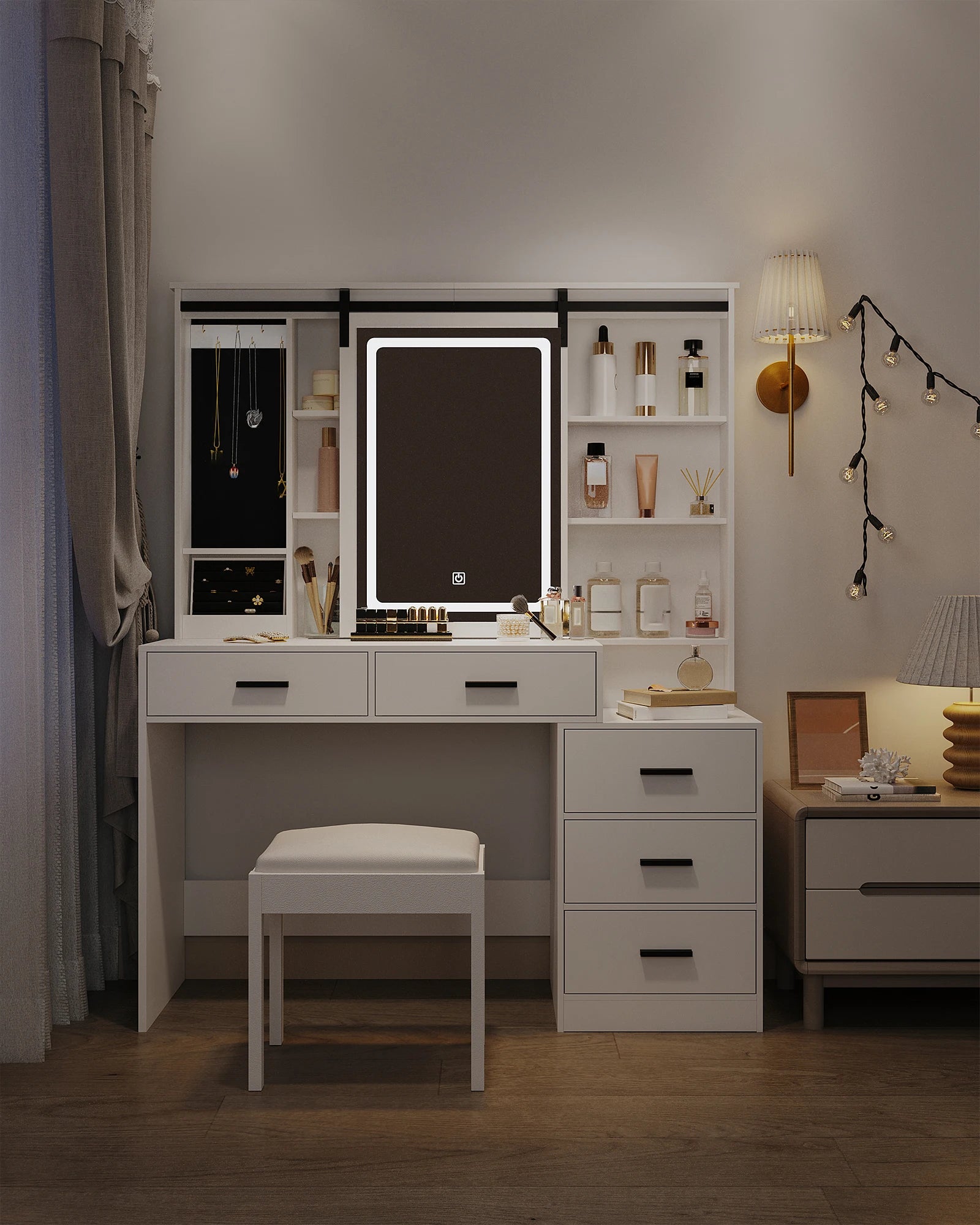 Dressing Table with Adjustable LED Lighting, Removable Large Mirror, with Jewelry Storage, Open Shelves, 5 Drawers,  White