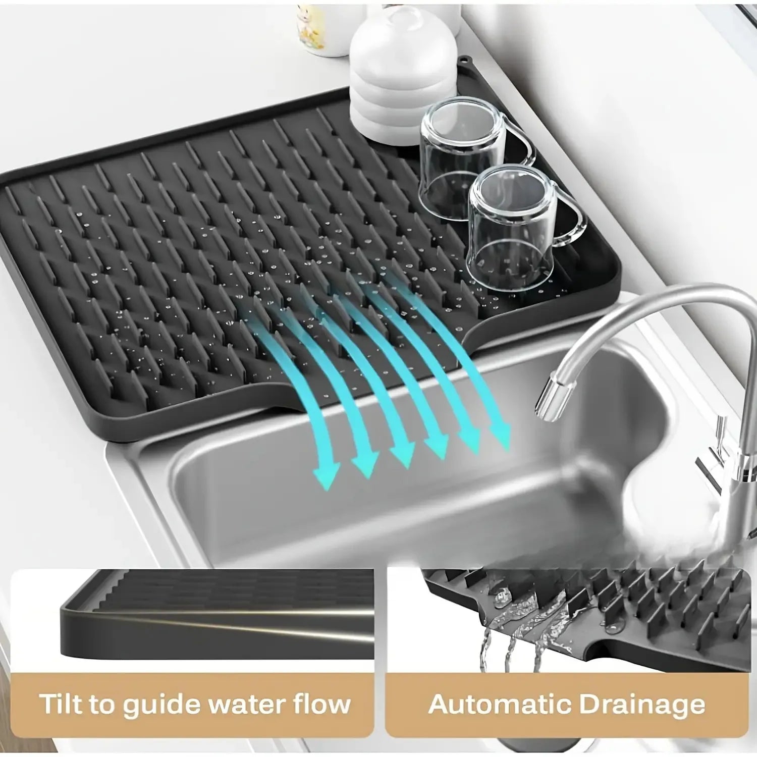 Kitchen Anti-Slip Silicone Drain Mat, Dish Rack, 15.75inch X 12.6inch, Built-in Water Draining Design, Heat  and Easy to Clean