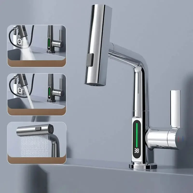 Smart Digital Display Basin Faucet 3 Function Pull Out Waterfall Spout Deck Mount Cold Hot Water Mixer Liftable Sink Crane Tap