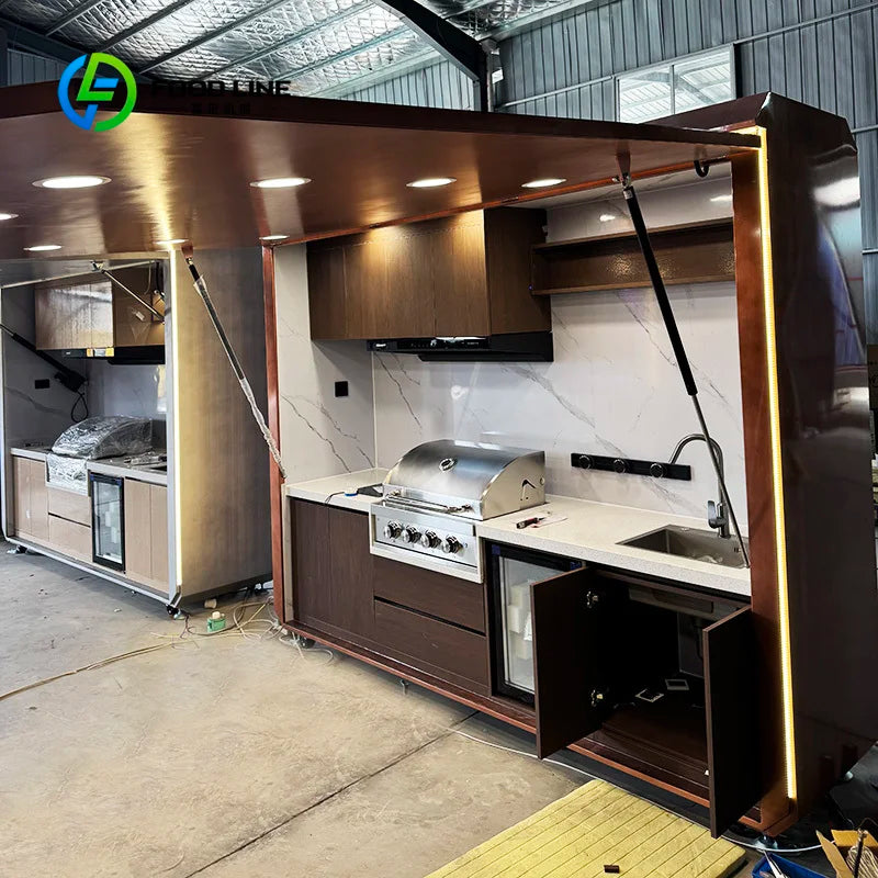 customized Modern Style Modular Outdoor Kitchen Station with LED Lighting All-Weather for Backyard Villa BBQ Grill Marble Top