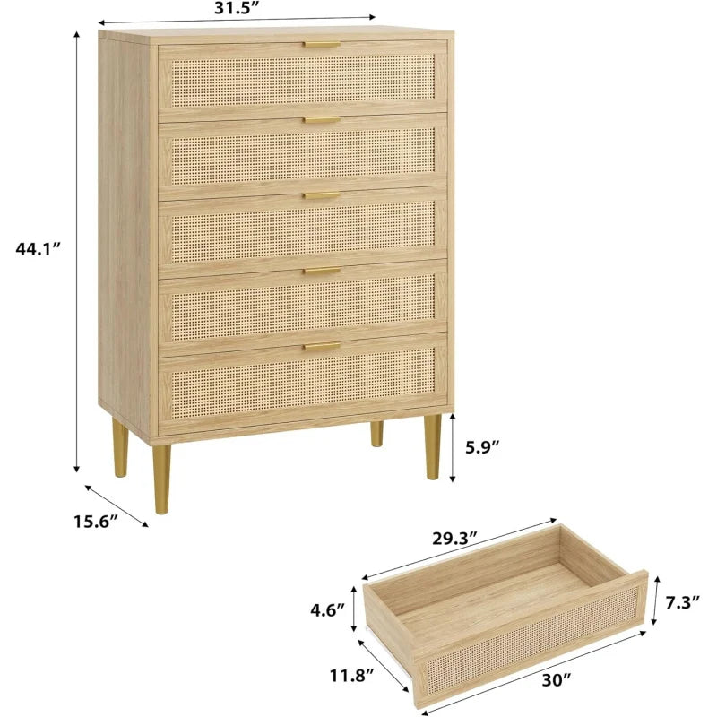 Rattan 5 Drawer Dresser, 44'' Tall Narrow Chest of Drawer, Farmhouse Wooden Vertical Dresser with Metal Legs and Hand