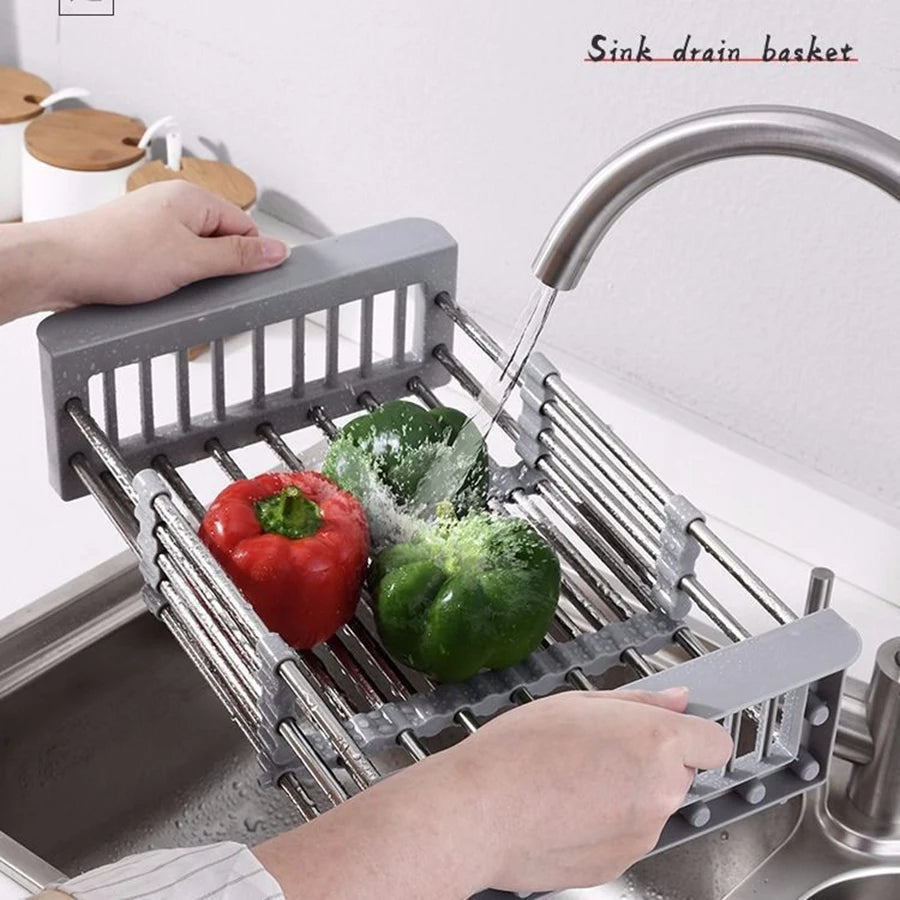 1PCS Kitchen Drainage Rack Multi-functional Retractable Shelf Dish Basin Dish Storage Rack Stainless Steel Sink Drainage Basket