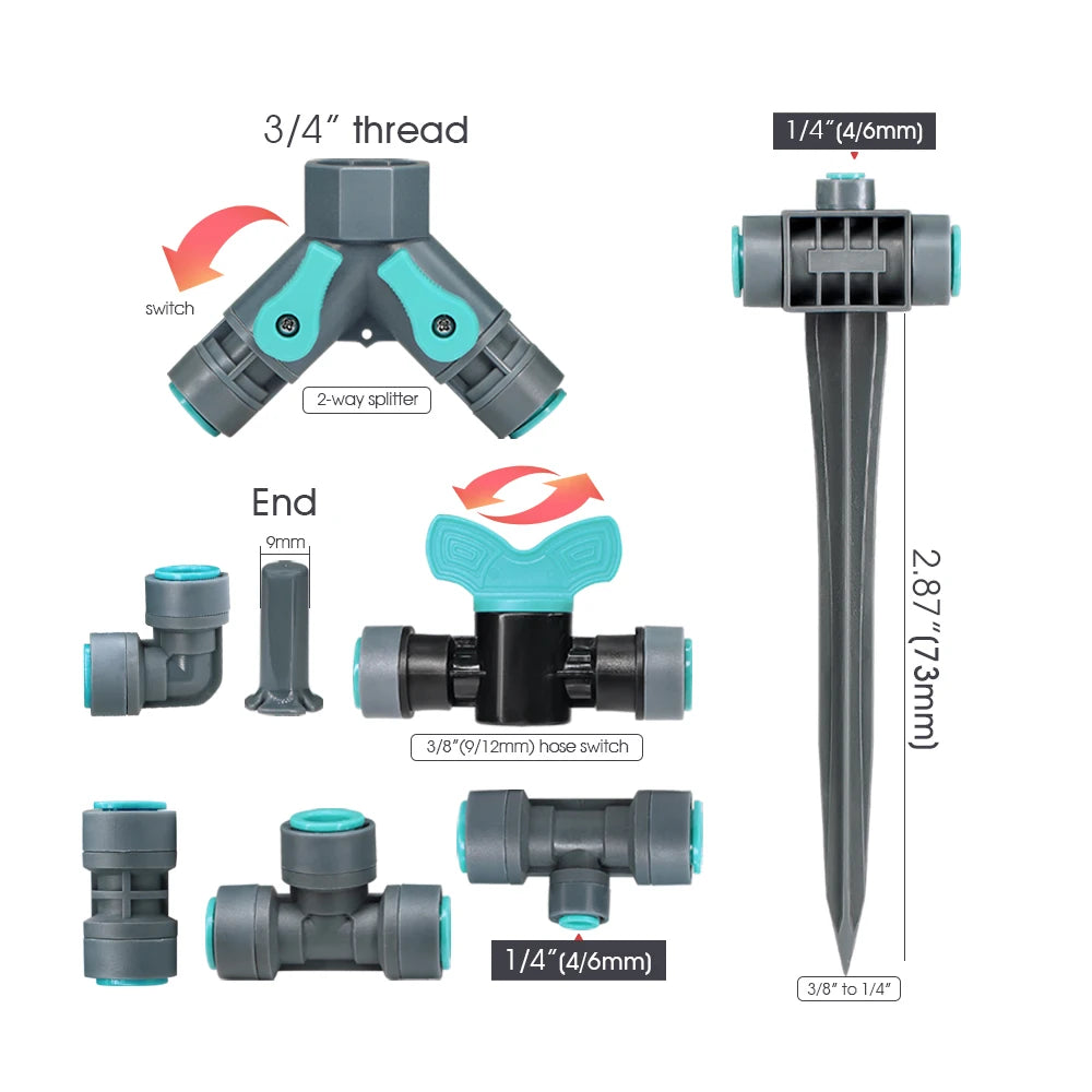 9/12MM PE Tubing Fittings 3/8'' PE Watering Hose Quick Connector for Garden Tubing Joints Tee Straight Elbow Valve Plug Stakes