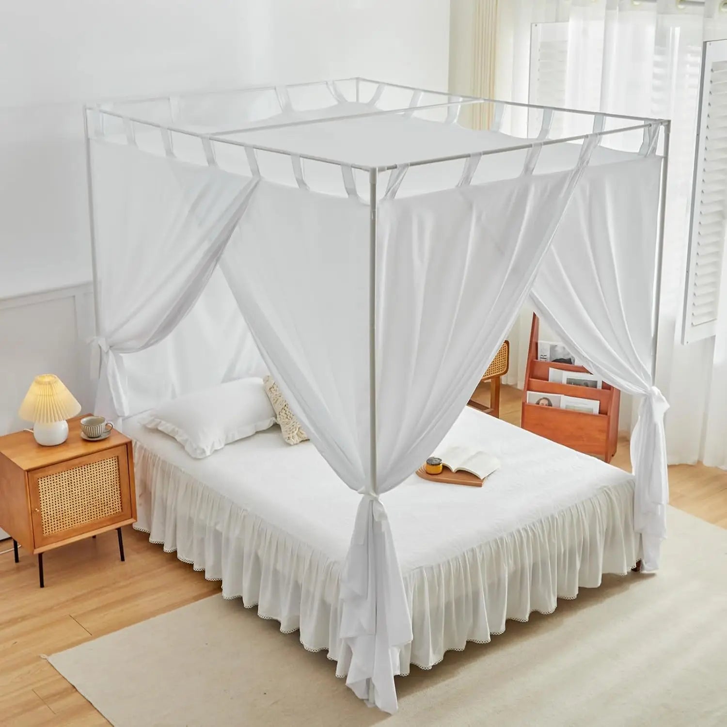 White Canopy Bed Ains With Top Ties And Tie Bas For Bedroom Decoration - Queen Size Bed Ains With Windproof And Lightproof