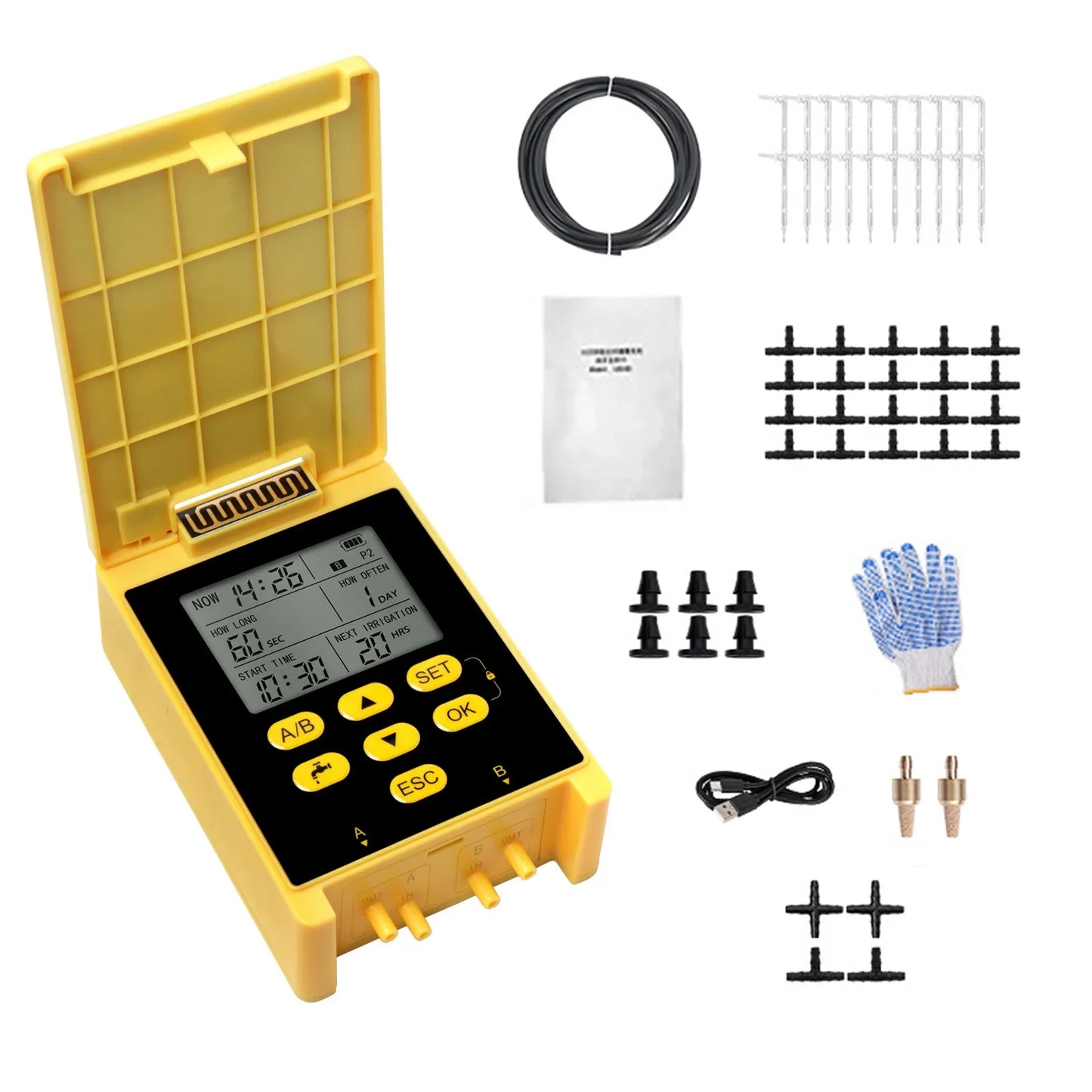 2 Group Automatic Watering System Dual Pump Solar Drip Irrigation System with Rain Sensing Digital Display Screen Child Lock