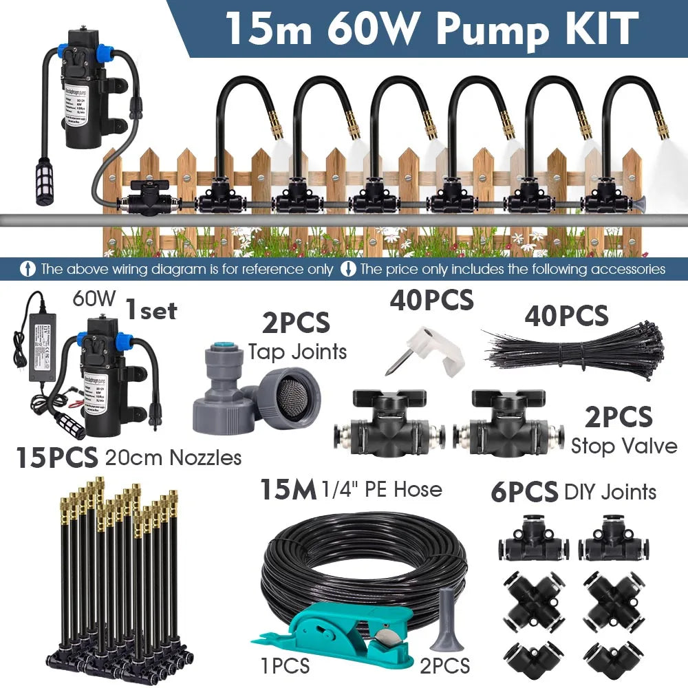 60w Self-priming Pump Garden Misting Cooling System 360° Free-bend Misting Nozzle Adjustable Fine Atomizer for Outdoor Watering