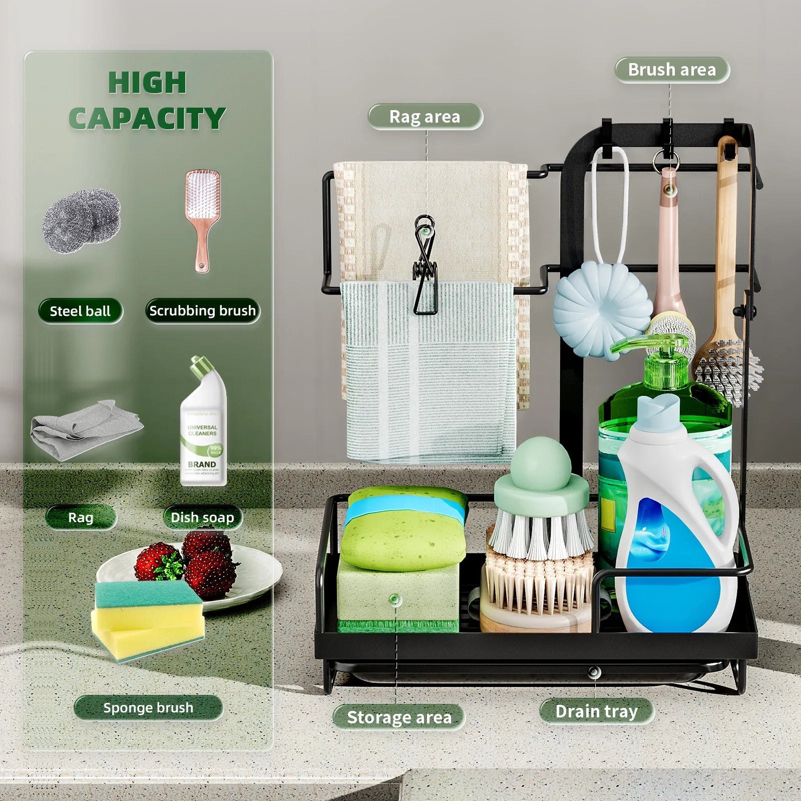 Kitchen Dish Rack With Drain Rack And Storage Shelf Countertop Sink Towel Holder Rod-Attached Dish Rack Storage Cages
