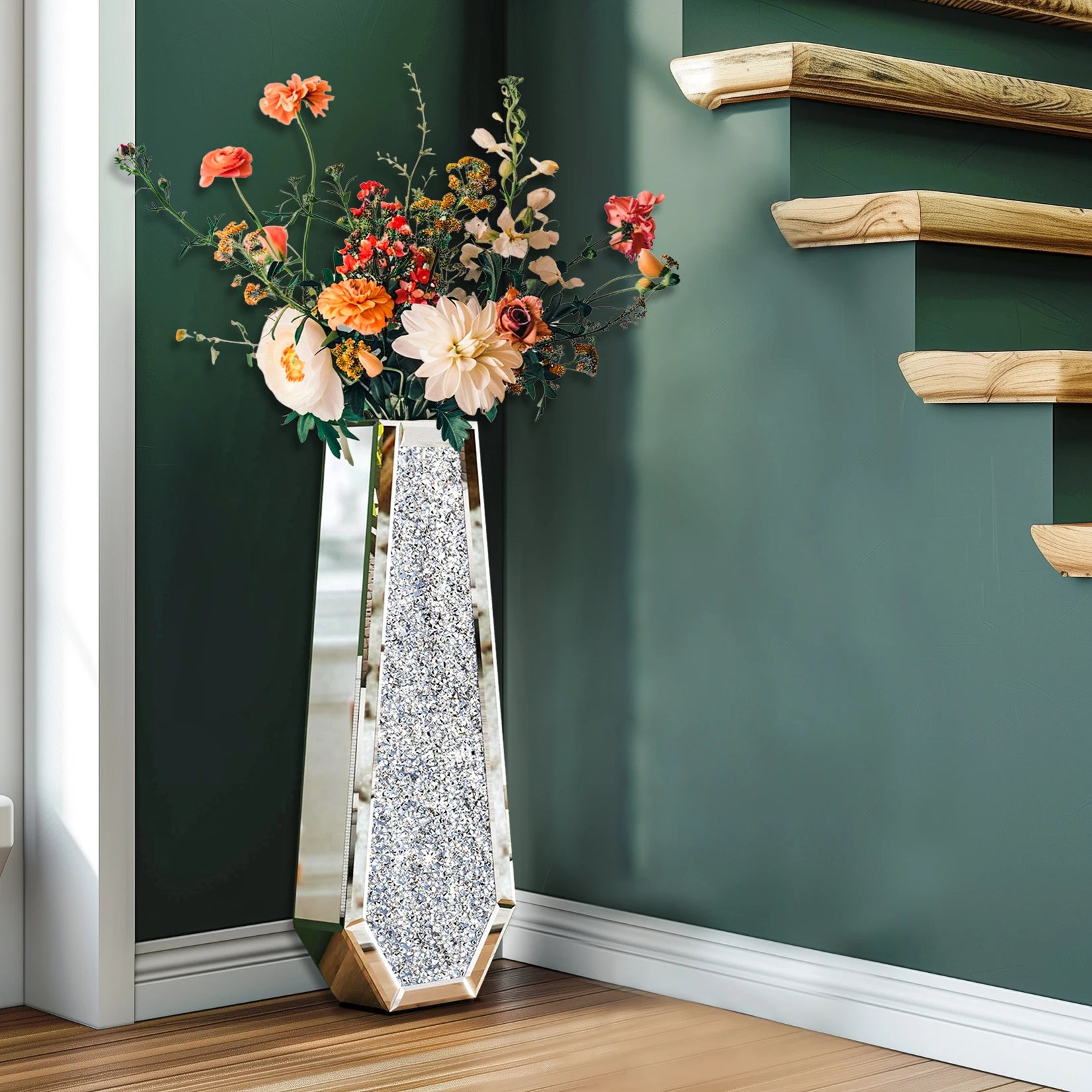 2 Shapes 68CM Crushed Diamond Decorative Mirrored Floor Vase Crystal Silver Glass Flower Vase for Pampas Grass Artificial Flower