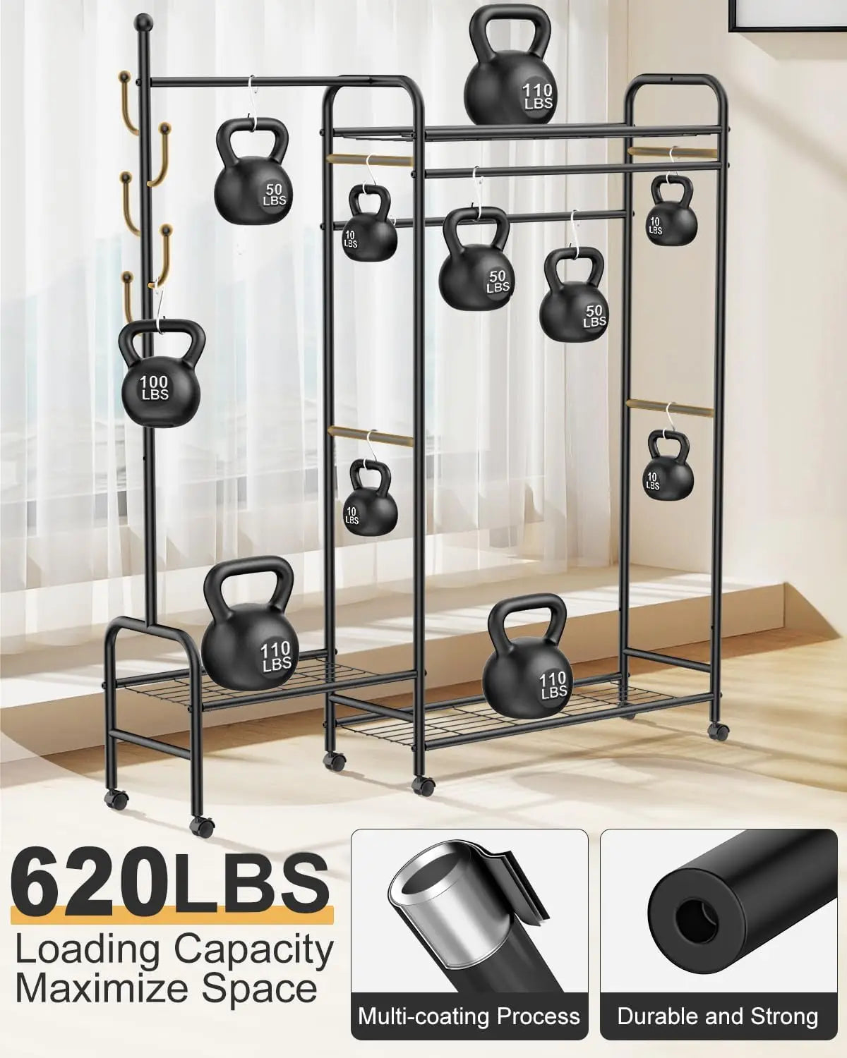 3-In-1 Clothes Racks For Hanging Clothes With Coat Rack, Heavy Duty Clothing Rack With Shelves Load 620Lbs, Portable Garment