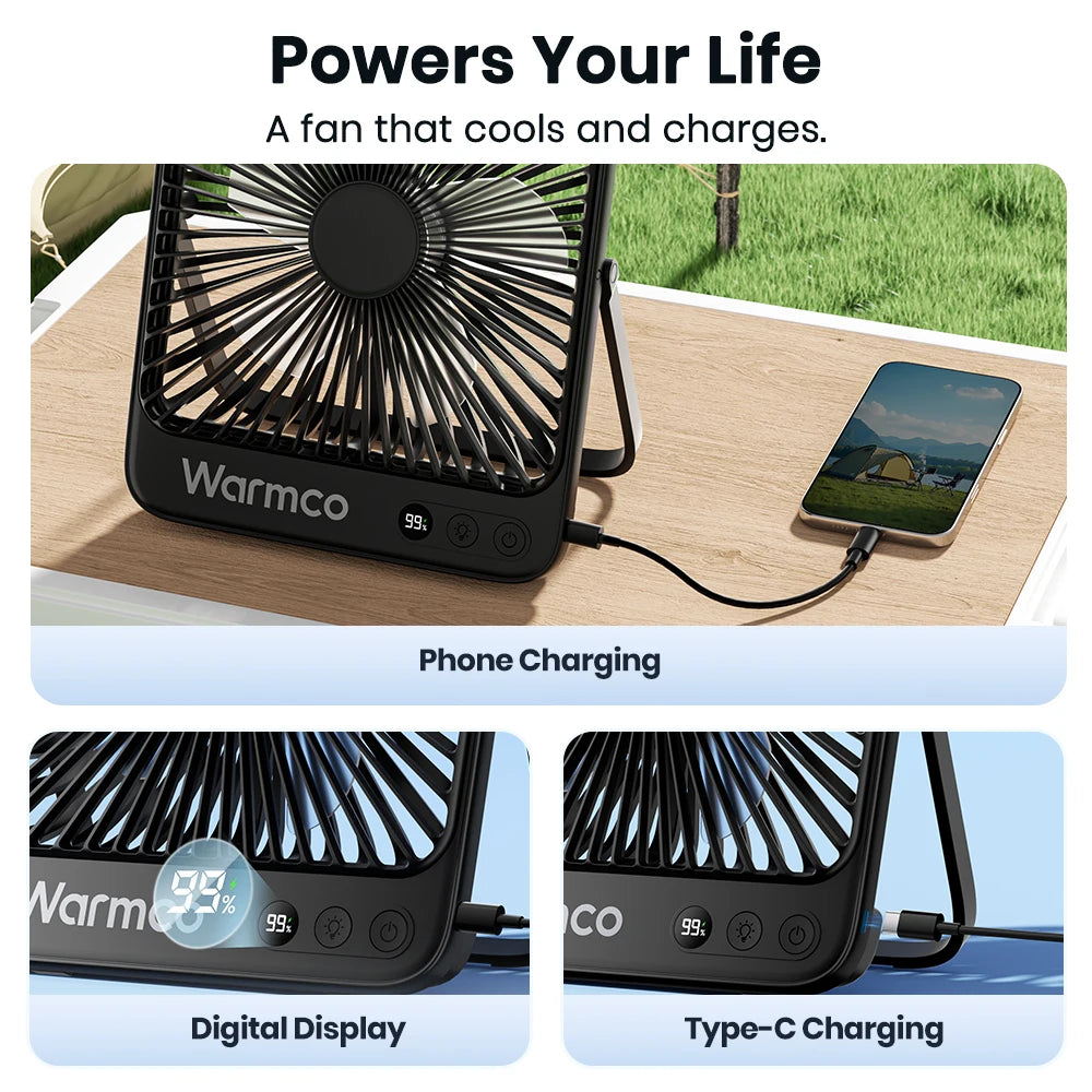 Warmco D4 Portable Desk Fan Rechargeable 20000mAh Camping Fan with Lig