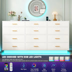 White 12 Drawers Dresser w/Power Outlet,60000-Colors Lights,63In Long Dresser Chest for Bedroom,Wooden Tall Large Capacity