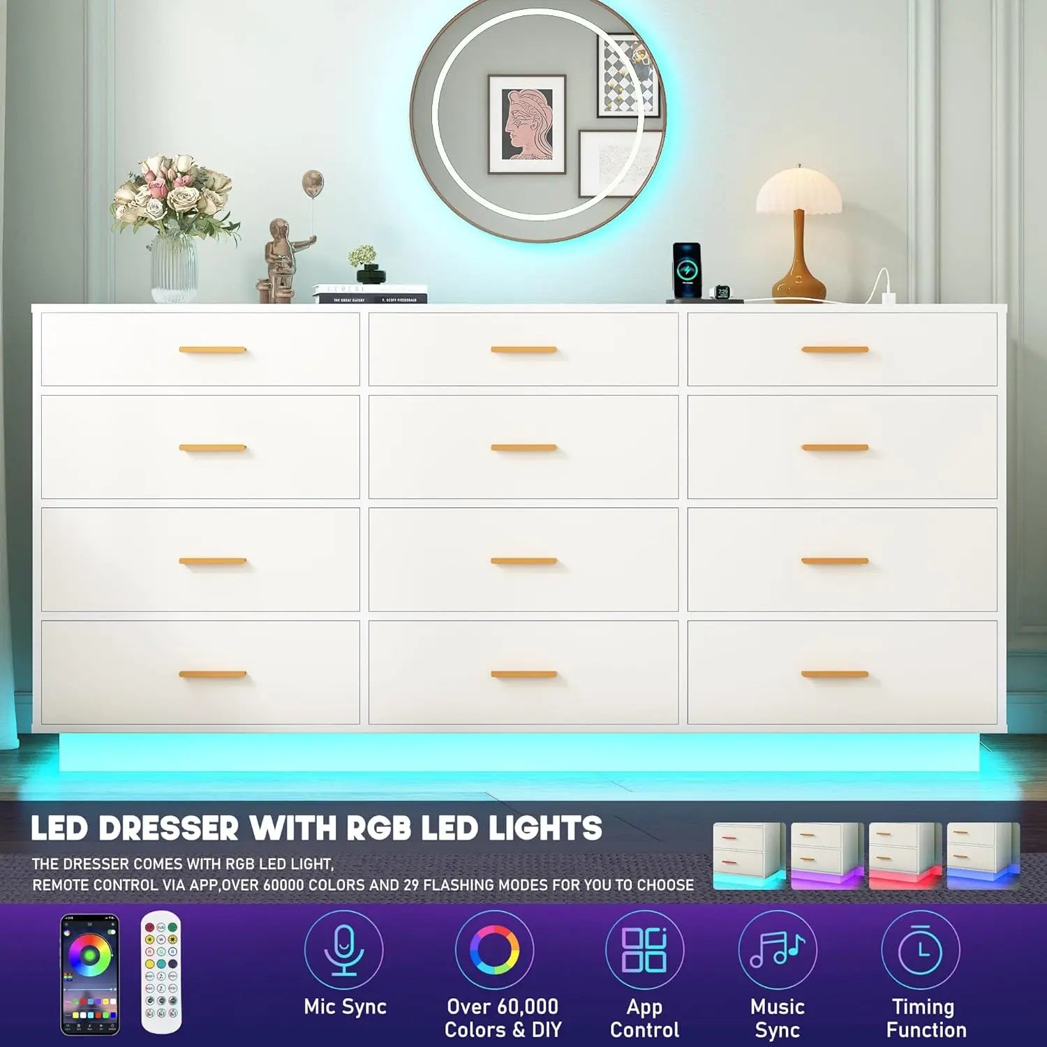 White 12 Drawers Dresser w/Power Outlet,60000-Colors Lights,63In Long Dresser Chest for Bedroom,Wooden Tall Large Capacity