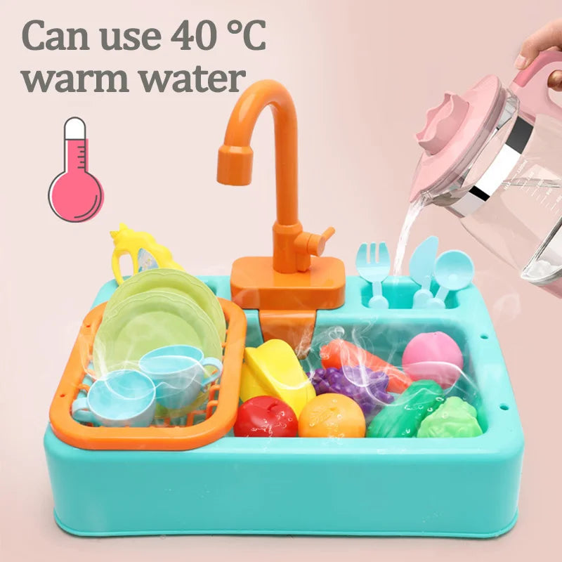 Kid Simulation Electric Dishwasher Wash Sink  Running Water Toy Role Playing House Kitchen Pretend Game Food Fruit Girl Boy Gift