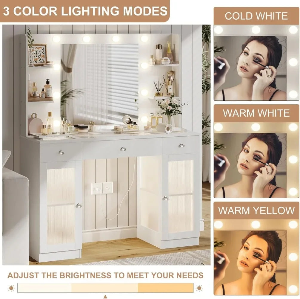 Makeup Vanity with Glass Top, White Vanity Desk with Mirror and Lights, Big Vanity with Drawers & Cabinets for Bedroom