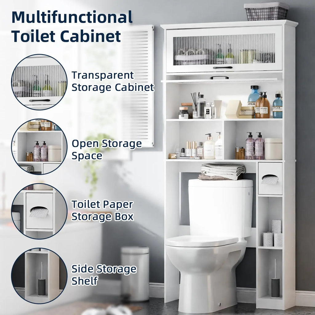 Vabches Over the Toilet Storage Cabinet Bathroom Organizer with Glass Door&Shelves Wooden Toilet Rack Bathroom Storage Cabinet