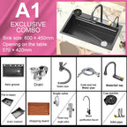 Stainless Steel New Waterfall Kitchen Sink Digital Display Dishwashing Sinks With Draining Rack Embossed Extra Large Single Slot
