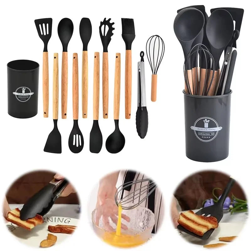 12-piece kitchen utensil set with wooden handle silicone spatulas, includes a stand, perfect for everyday kitchen use